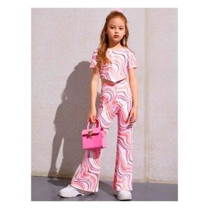 2 Piece Set Tween Girl Hanky Hem Top with Flared Pants